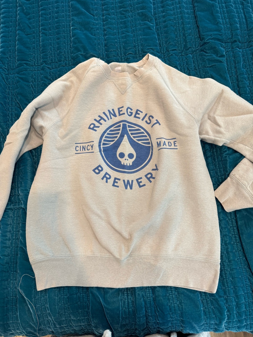 Rhinegeist Brewery Logo Sweatshirt - Cream with Blue Print